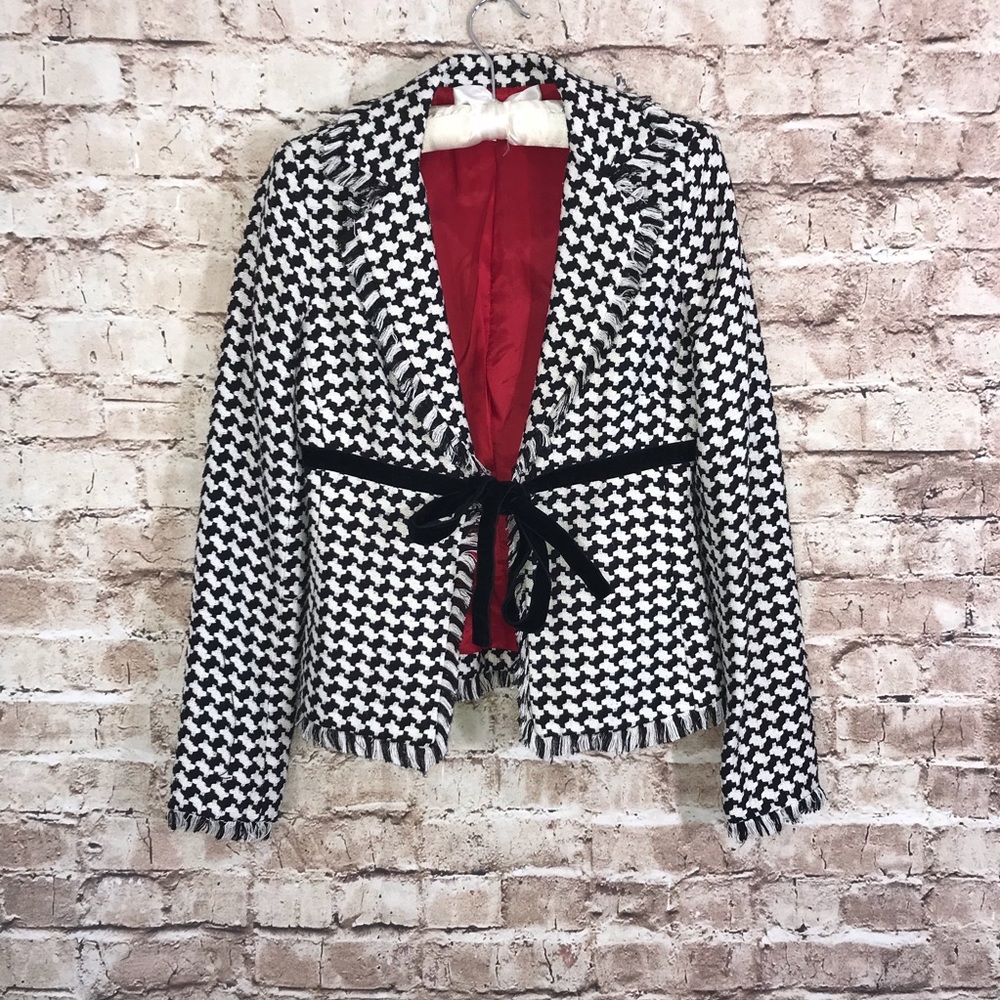 Shoshanna Black White Houndstooth Tie Front Blazer